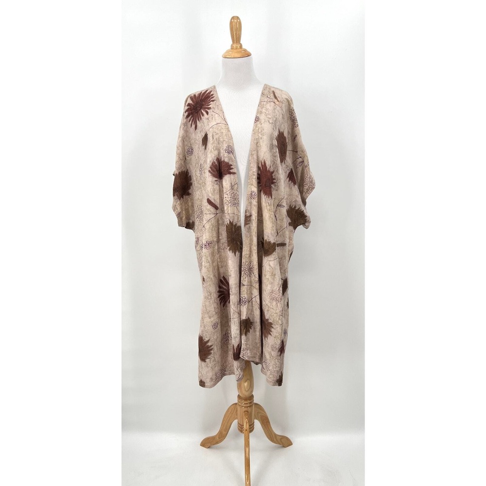 TIENDA HO Vintage Kimono Women One Size Tan Floral Linen Open Front Long Duster